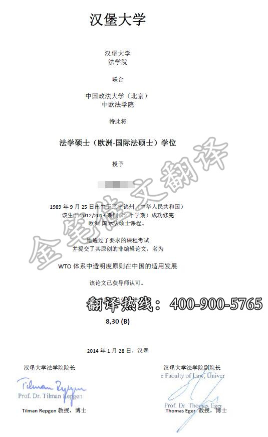 德国汉堡大学学位证翻译案例模板