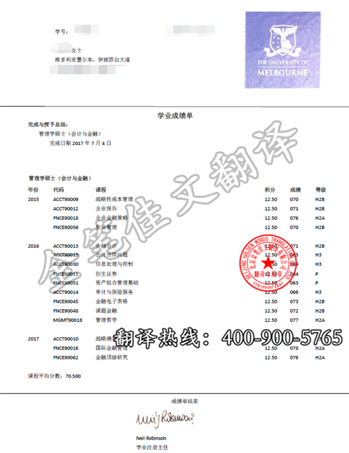 澳大利亚墨尔本大学成绩单样稿